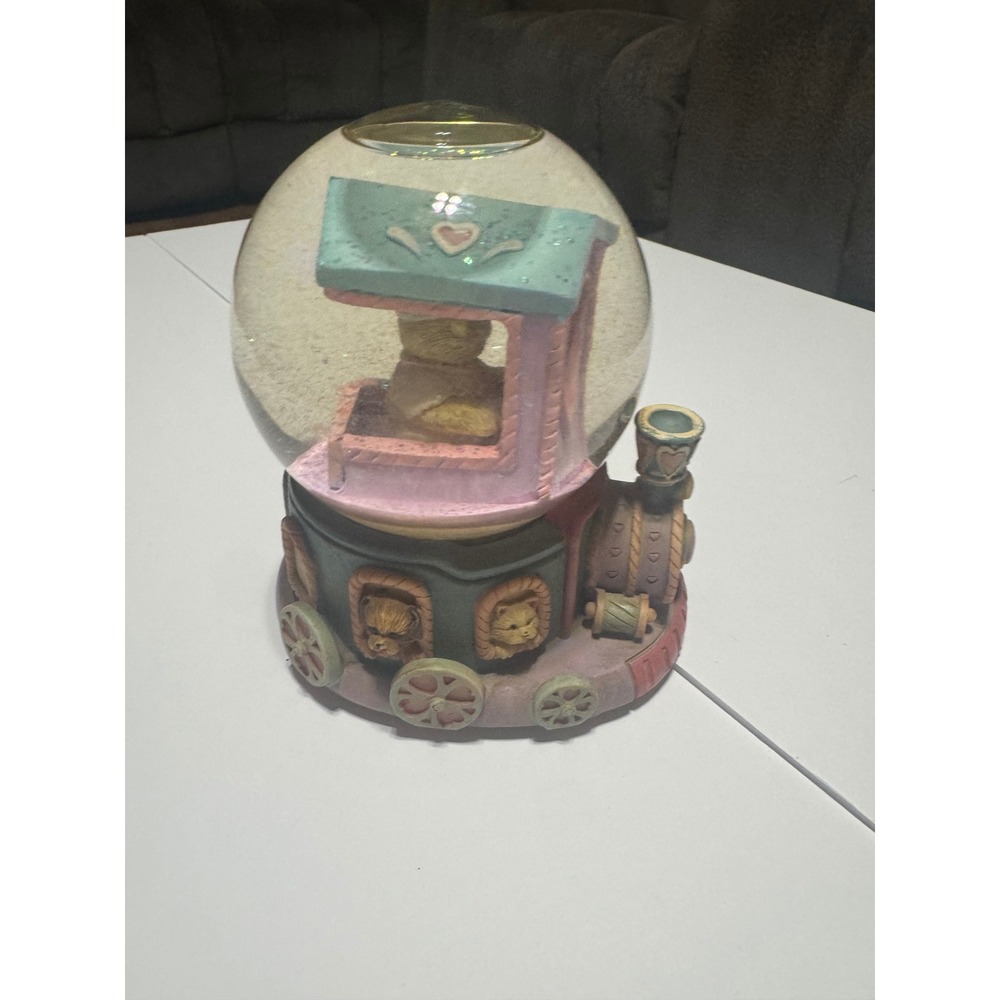Vintage Teddy Bear Train Musical Snow Globe Pastel Nursery Decor Collectible